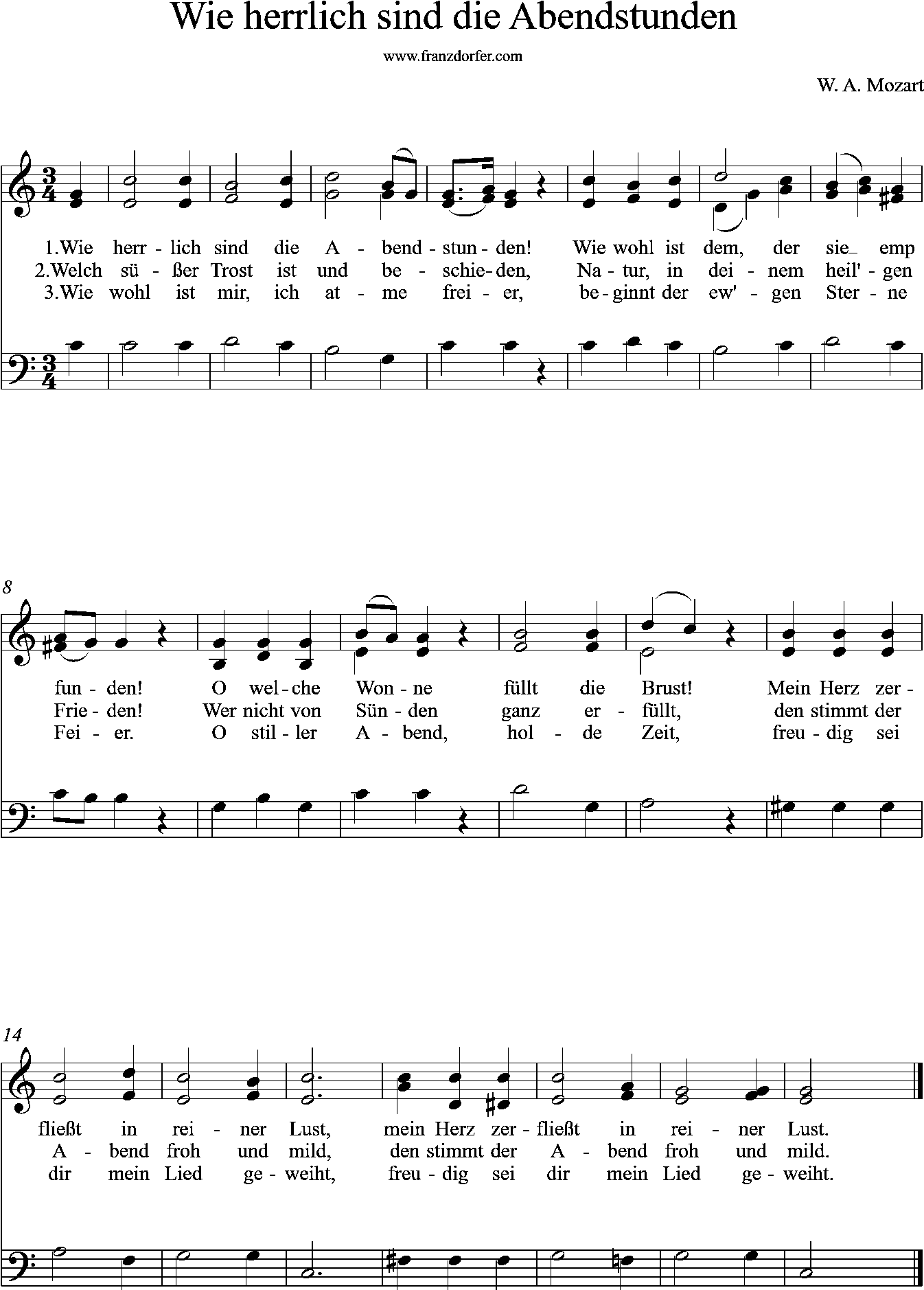 Noten, 3stimmig, Chor, Wie herrlich sind die Abendstunden, C-Dur